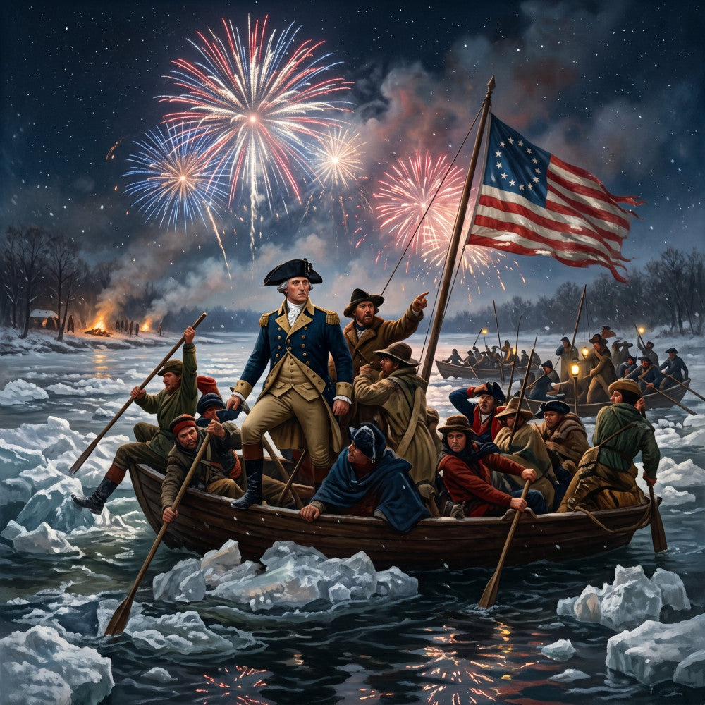 american revolutionary, patriotic, historical, fireworks, winter, snow, ice, frozen river, boats, soldiers, founding fathers, americana, navy blue, cream, red, gold, burgundy, stars and stripes, flag, celestial, night sky, vintage military, colonial, fourth of july, independence day, commemorative, americana heritage, winter scene, historical reenactment, american history