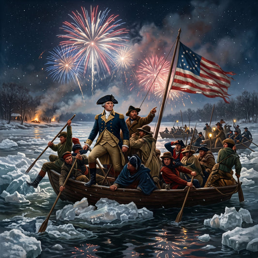 american revolutionary, patriotic, historical, fireworks, winter, snow, ice, frozen river, boats, soldiers, founding fathers, americana, navy blue, cream, red, gold, burgundy, stars and stripes, flag, celestial, night sky, vintage military, colonial, fourth of july, independence day, commemorative, americana heritage, winter scene, historical reenactment, american history