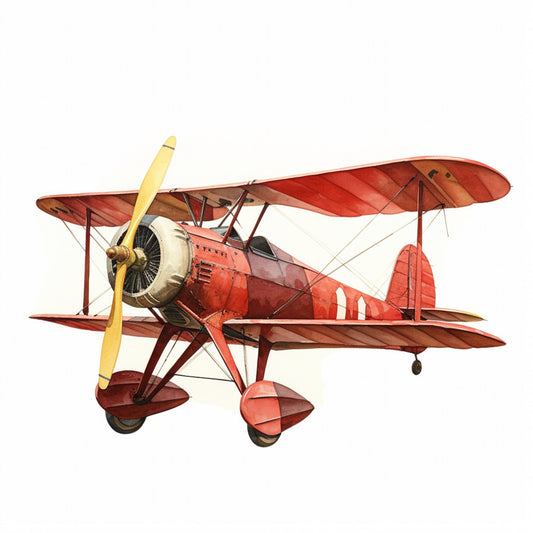 vintage airplane, biplane, red aircraft, cream, burnt orange, golden yellow, aviation, retro, steampunk, transportation, nostalgia, 1920s, 1930s, classic, antique, propeller plane, sky, historical, adventure, travel, whimsical, masculine, industrial, heritage, collectible, history buff, flying machine, panel print