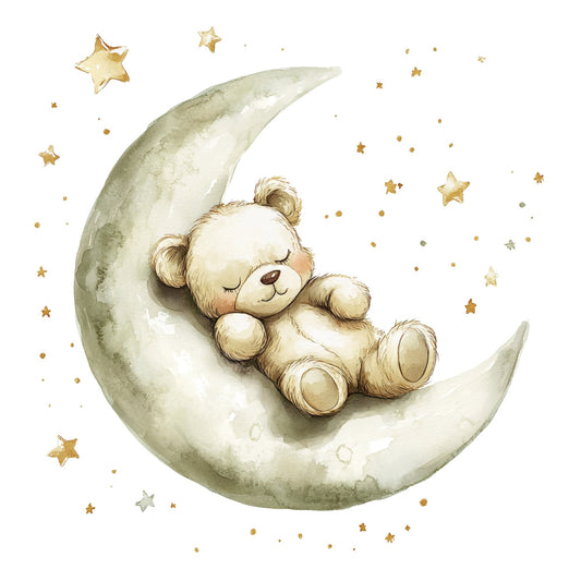 teddy bear, sleeping bear, moon, stars, nursery, baby, whimsical, celestial, nighttime, cream, ivory, soft gold, tan, sage green, gentle, sweet, dreamy, lullaby, children's, bedtime, wall hanging, baby quilt, crib bedding, soft pastels, woodland, cute animals, gender neutral, soothing, peaceful, starry night