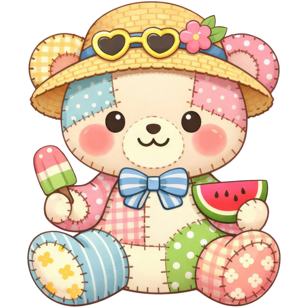 cute teddy bear, heart shaped sunglasses, pastel pink, soft blue, sage green, cream, patchwork, polka dots, striped, gingham plaid, floral, popsicle, watermelon, bow tie, whimsical, playful, sweet, nursery, baby, children's, summer, spring, kawaii, stuffed animal, toy bear, colorful, patchwork quilt, wall hanging, baby quilt, child's quilt