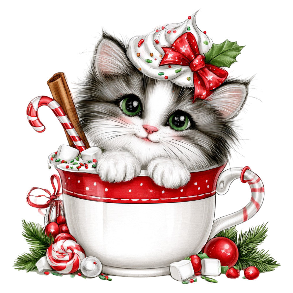 cute cat, kitten, whimsical, holiday, christmas, festive, red and white, cream white, forest green, candy cane, peppermint, hot chocolate, mug, cocoa cup, dessert, sweet treats, marshmallows, sprinkles, holly, winter, seasonal, animals, pets, playful, dimensional, detailed illustration, beverage themed, cozy, decorative panel, gift worthy