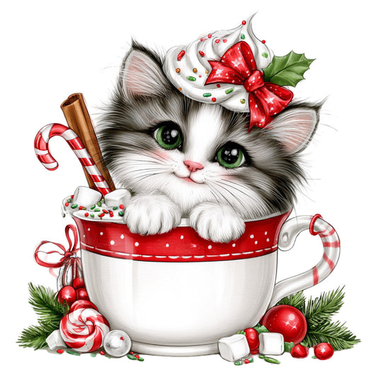 cute cat, kitten, whimsical, holiday, christmas, festive, red and white, cream white, forest green, candy cane, peppermint, hot chocolate, mug, cocoa cup, dessert, sweet treats, marshmallows, sprinkles, holly, winter, seasonal, animals, pets, playful, dimensional, detailed illustration, beverage themed, cozy, decorative panel, gift worthy