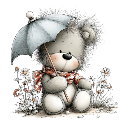 teddy bear, cute animals, whimsical, children's, baby, soft gray, cream, coral red, rust orange, daisies, flowers, umbrella, rainy day, spring, gentle, sweet, playful, illustration, character, nature, pastoral, storybook, nursery, woodland, cozy, charming, vintage style, adorable, decorative panel
