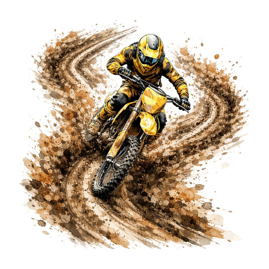 dirt bike, motocross, yellow and black, tan, brown, beige, gold, khaki, abstract, splatter, watercolor, action sports, extreme sports, off-road, racing, adventure, masculine, energetic, dynamic, modern, youth, sports themed, dirt splatter, grunge, contemporary, urban, bold, high-energy, wall art, home decor