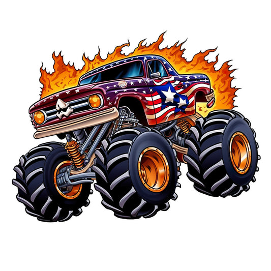 Monster Truck Crushes Fabric Panel 17 featuring a fiery American flag monster truck with oversized wheels on premium quilting cotton.