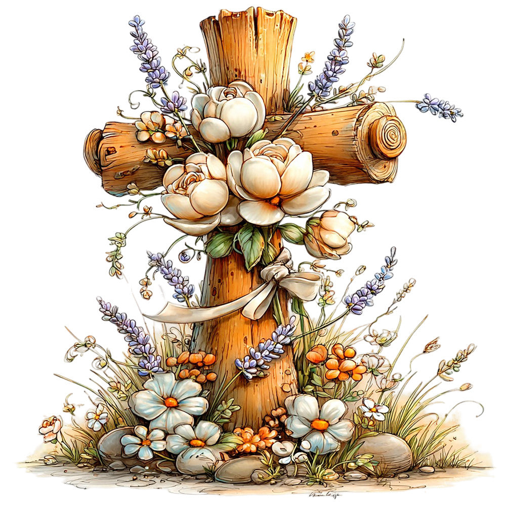 wooden cross, floral bouquet, lavender sprigs, cream roses, orange flowers, blue wildflowers, natural wood grain, fabric panel, quilting cotton, rustic style, botanical design, faith themed, earth tones, watercolor illustration, vintage aesthetic, spring flowers, cottage core, religious motif