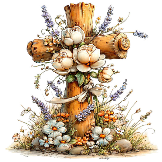 wooden cross, floral bouquet, lavender sprigs, cream roses, orange flowers, blue wildflowers, natural wood grain, fabric panel, quilting cotton, rustic style, botanical design, faith themed, earth tones, watercolor illustration, vintage aesthetic, spring flowers, cottage core, religious motif