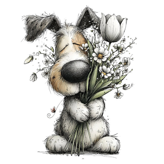 adorable animals, whimsical, cute dog, bunny rabbit, flowers, floral, tulips, daisies, spring, nature, botanical, black and white, cream, tan, beige, ink illustration, sketch style, storybook, children's, baby quilt, nursery, sweet, gentle, charming, folk art, cottage core, woodland animals, detailed illustration, artistic, decorative