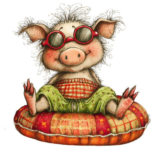 pig, whimsical, children's, adorable, playful, red, green, cream, tan, brown, plaid, checkered, gingham, glasses, pool float, summer, beach, fun, cute, farmhouse, animals, character, illustration, novelty, kids, baby, storybook, vintage inspired, pastoral