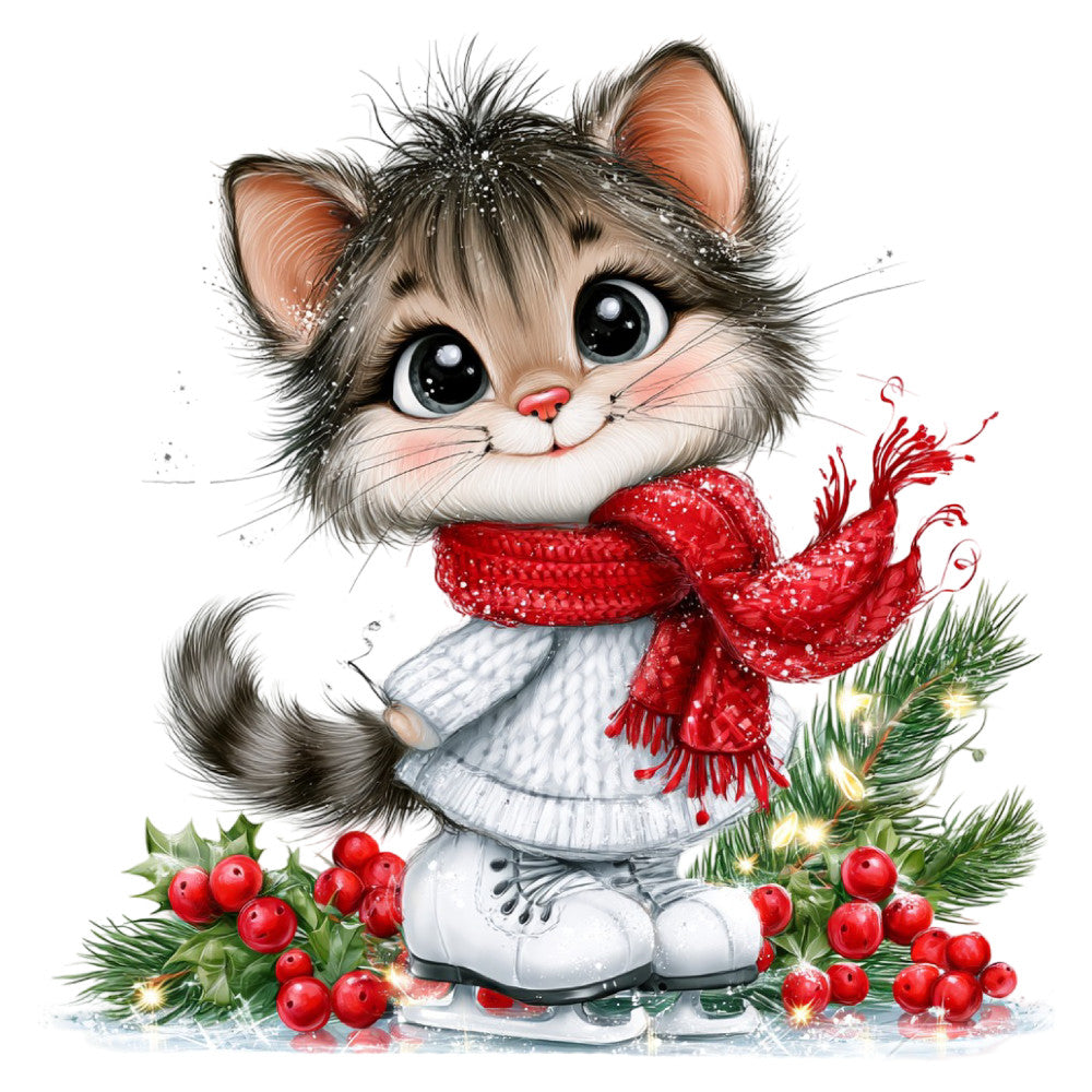 cute cat, kitten, holiday, christmas, winter, red bow, sparkly, glittery, festive, animals, whimsical, playful, evergreen, holly berries, ice skates, snow, children's, baby, sweet, charming, gray tabby, white, red, green, gold accents, magical, joyful, december, seasonal