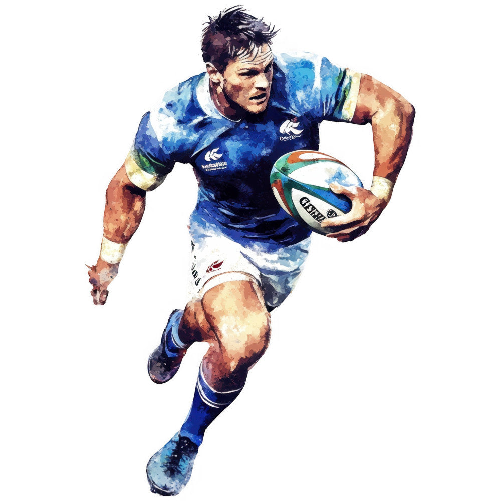 rugby player, sports, new zealand, blue jersey, watercolor, abstract art, athletic, action pose, male athlete, team sports, navy blue, white, gold accents, green stripes, watercolor effect, modern art, sports enthusiast, gift for him, man cave decor, athletic wear inspired, team apparel, ball sports, competitive spirit, dynamic motion, contemporary style, vibrant colors, painted effect, illustrative, portrait style