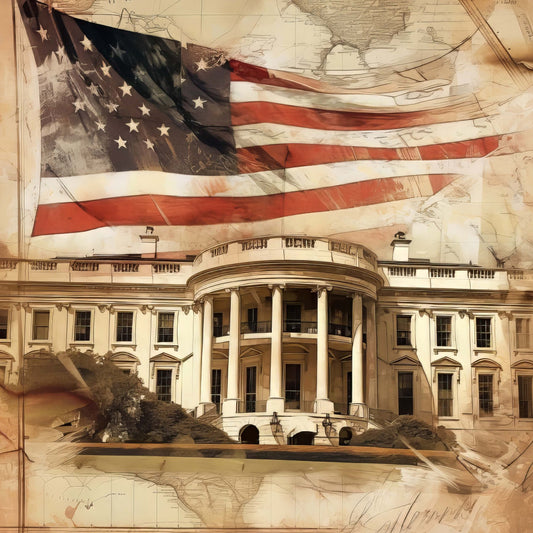 american flag, patriotic, white house, architecture, historical, vintage map, cream, beige, tan, red, white, blue, stars, stripes, government, political, americana, traditional, elegant, sepia tone, antique, heritage, civic, governmental, wall hanging, home decor, united states, classic