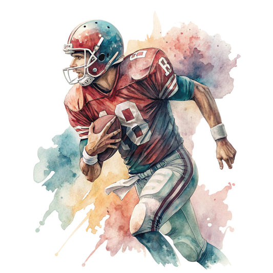 football player, sports, athletic, watercolor, abstract splatter, burgundy red, teal blue, cream, dusty rose, mauve, watercolor art, watercolor splash, ink bleed, modern art, sports fan, football themed, masculine, dynamic action, vintage watercolor, artistic, contemporary, neutral colors, blended colors, gradient effect, sports apparel inspired, male athlete, competitive spirit, energetic, sports illustration