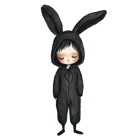 black, charcoal, cream, whimsical, bunny, rabbit, character, cute, children's, animal, hooded costume, playful, modern, illustration, storybook, nursery, baby, woodland, minimalist, girl, figure, long ears, onesie, pajamas, sweet, gentle, soft, artistic, decorative