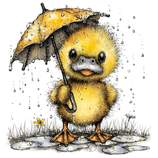 yellow duck, rain, umbrella, rainy day, puddles, cute animals, whimsical, children's, baby, spring, summer, golden yellow, black, gray, nature, garden flowers, grass, watercolor style, ink drawing, illustration style, adorable, playful, nursery, storybook, farmyard, sweet, innocent, decorative, wall hanging, baby quilt