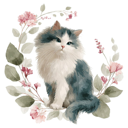 cat, floral, botanical, animal, nature, pink flowers, sage green, cream, white, gray, teal, dusty rose, watercolor, whimsical, elegant, gentle, soft, delicate, garden, spring, leaves, branches, berries, cat lover, pet themed, calming, peaceful, vintage inspired, botanical illustration, feminine