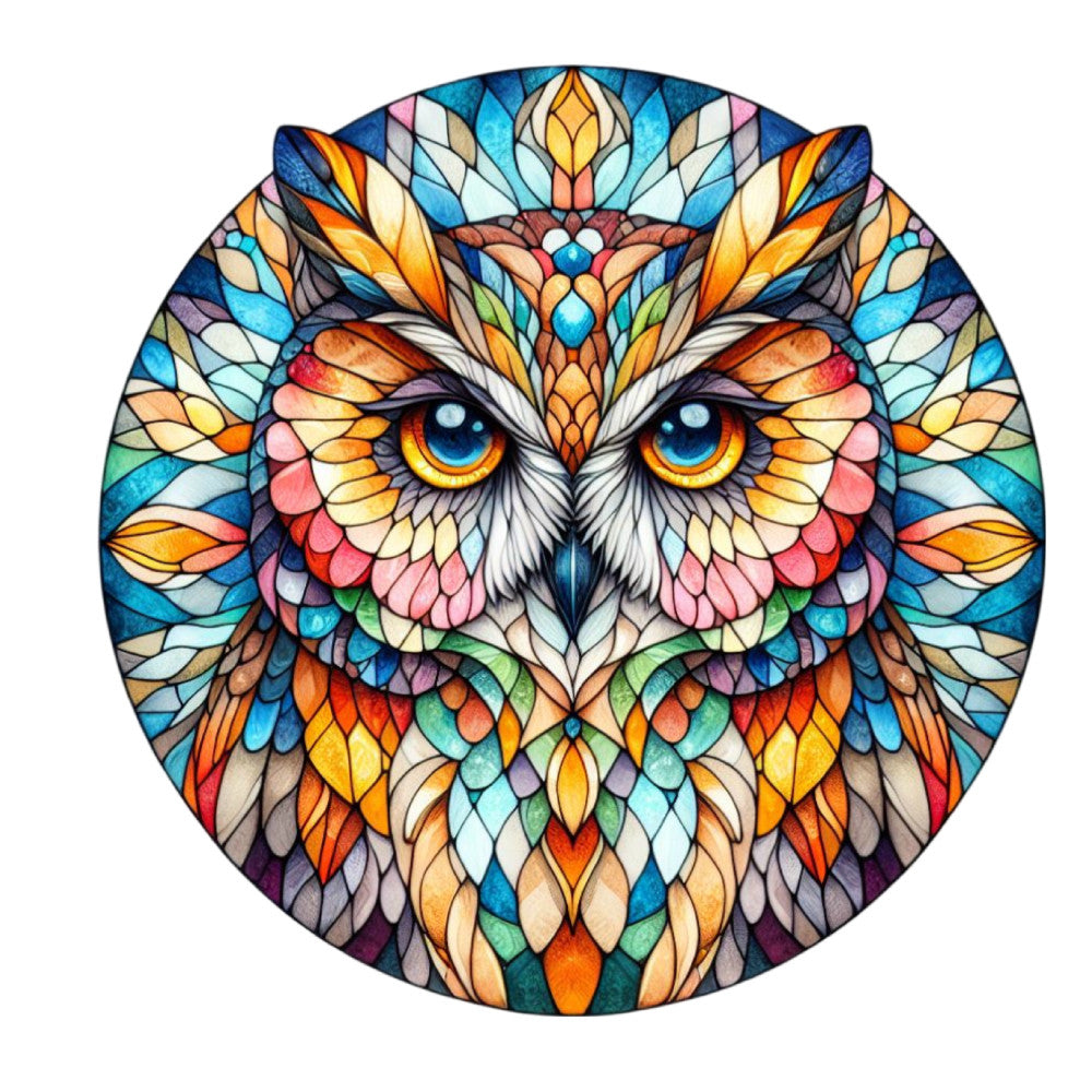 stained glass, owl, mandala, circular design, blue eyes, multicolored feathers, geometric patterns, kaleidoscope design, vibrant colors, orange, turquoise, purple, pink, yellow, green, symmetrical, decorative art, fabric panel, quilting cotton, mosaic style, detailed illustration