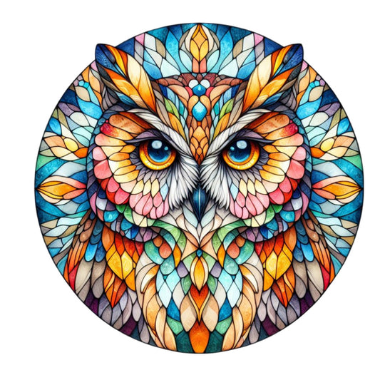 stained glass, owl, mandala, circular design, blue eyes, multicolored feathers, geometric patterns, kaleidoscope design, vibrant colors, orange, turquoise, purple, pink, yellow, green, symmetrical, decorative art, fabric panel, quilting cotton, mosaic style, detailed illustration