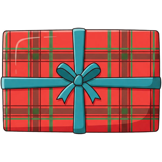 red plaid, tartan, christmas, holiday, gift box, teal ribbon, bow, festive, red and green, traditional, classic, seasonal, winter, present wrapping, dark red, forest green, cream, striped plaid, geometric, rustic, elegant, vintage, scottish, plaid pattern, gift-themed, decorative bow, home decor, table runner, wall hanging, festive design