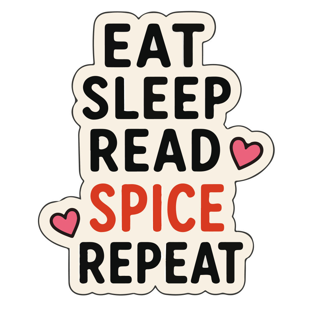 eat sleep read spice repeat, book lover, reading, literary, hearts, pink hearts, red text, cream background, motivational quote, hobby themed, book themed, coffee lover aesthetic, cozy, whimsical, modern, playful, inspirational text, gift for readers, bookish, fall vibes, autumn, spice season, pumpkin spice, seasonal, home decor, wall hanging, novelty print, fun quote, vibrant red, black text