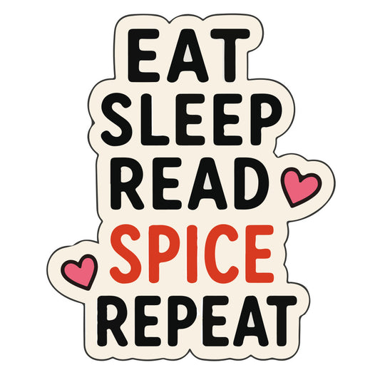 eat sleep read spice repeat, book lover, reading, literary, hearts, pink hearts, red text, cream background, motivational quote, hobby themed, book themed, coffee lover aesthetic, cozy, whimsical, modern, playful, inspirational text, gift for readers, bookish, fall vibes, autumn, spice season, pumpkin spice, seasonal, home decor, wall hanging, novelty print, fun quote, vibrant red, black text