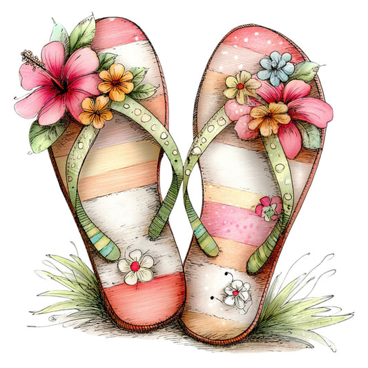 flip flop, sandals, floral, pink flowers, coral pink, sage green, cream, peach, rustic, whimsical, nature, summer, spring, beach, tropical, hibiscus, daisies, stripes, footwear, cottage core, botanical, colorful, decorative, novelty print, apparel, accessory, playful, cheerful, garden theme