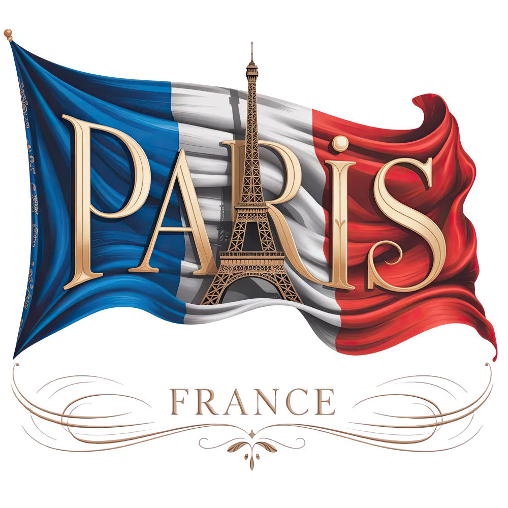 french flag, eiffel tower, paris, tricolor, blue, white, red, flowing fabric, landmark, france, patriotic, waving flag, iconic architecture, european, fabric panel, decorative banner, national colors, tourist destination, cultural symbol, ornate lettering