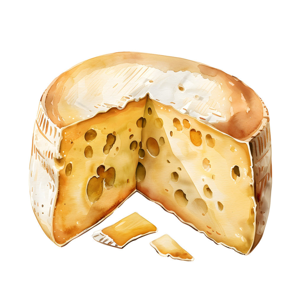 cheese, food, dairy, swiss cheese, emmental, holes, realistic food art, cream, golden yellow, pale yellow, butter yellow, tan, beige, white, culinary, kitchen, farmhouse, rustic, food illustration, gourmet, artisan cheese, novelty, whimsical, playful, detailed, textured, food themed, culinary art, cottage core, country style