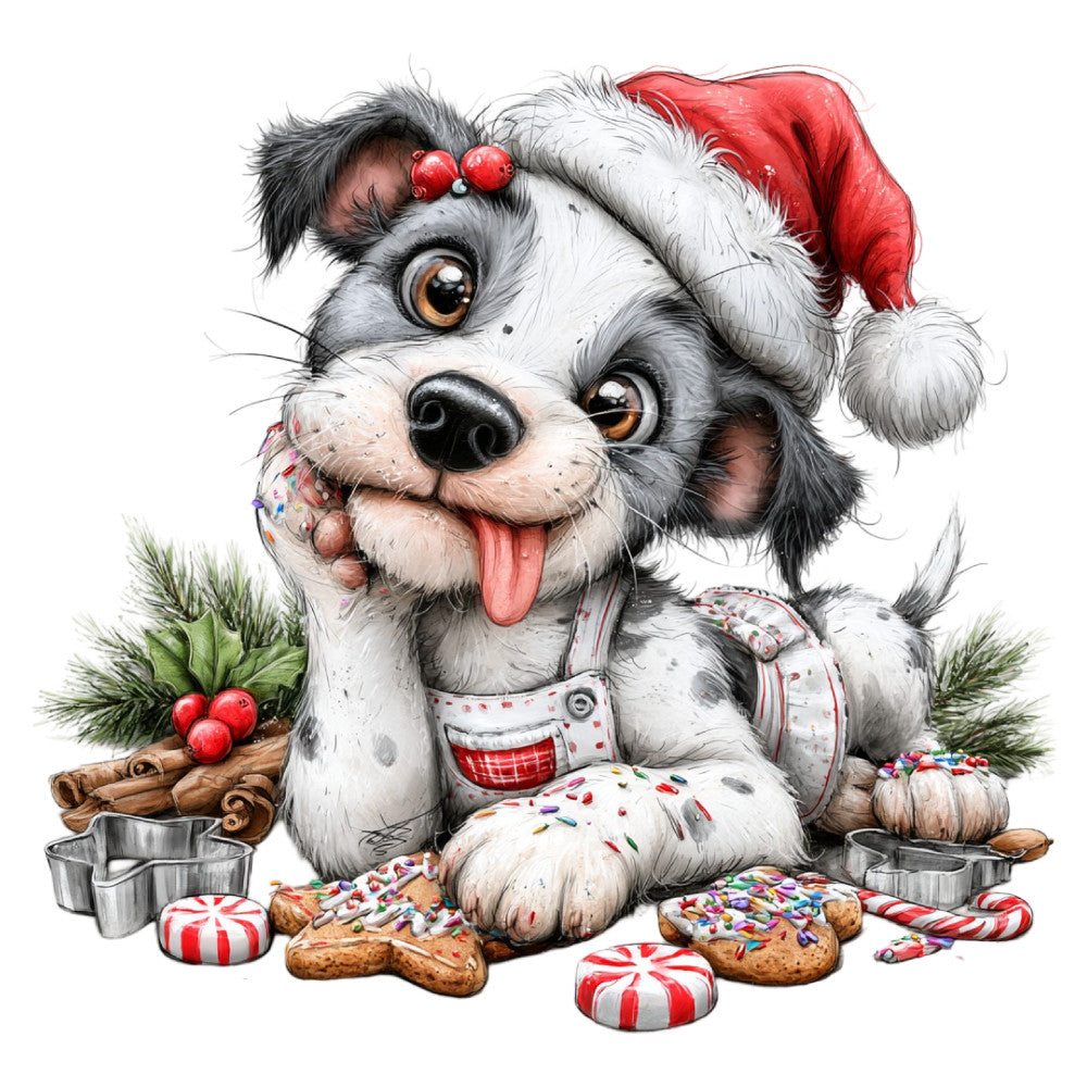 holiday, christmas, dog, puppy, festive, red, white, gray, grey, black, candy cane, cookies, sprinkles, santa hat, whimsical, cute, playful, jolly, winter, seasonal, christmas treats, peppermint, gingerbread, decorative, fun, cheerful, panel print, large scale