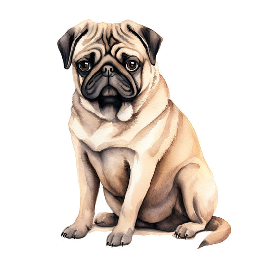 Watercolor Pug Fabric Panel 5 featuring a detailed, hand-painted style pug illustration on premium quilting cotton.