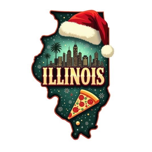 Christmas US States Fabric Panel 38 featuring Illinois outline with city skyline, Santa hat, and pizza slice on premium quilting cotton.
