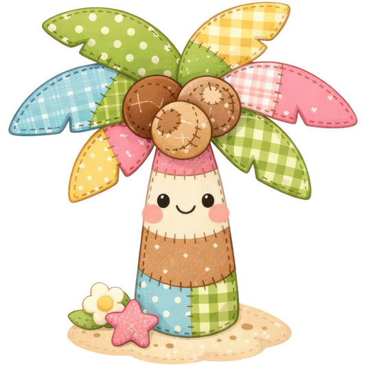 cute flower, whimsical, pastel colors, sage green, sky blue, coral pink, cream, brown, gingham, polka dots, checkered, patchwork, smiling face, flower motif, stitched details, embroidered look, spring, summer, children's, baby, playful, cheerful, folk art, country style, cottage core, handmade aesthetic, garden theme, nature inspired, decorative flowers, stars