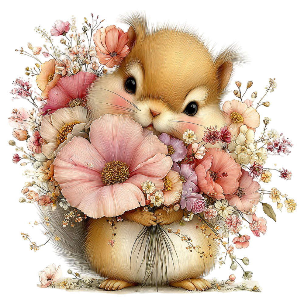 cute animal, guinea pig, hamster, fluffy creature, pastel pink, coral pink, dusty rose, soft peach, cream, golden brown, tan, floral, wildflowers, daisies, cosmos, botanical, nature, whimsical, sweet, gentle, baby, nursery, spring, summer, soft colors, delicate flowers, adorable, children's, girl, woodland
