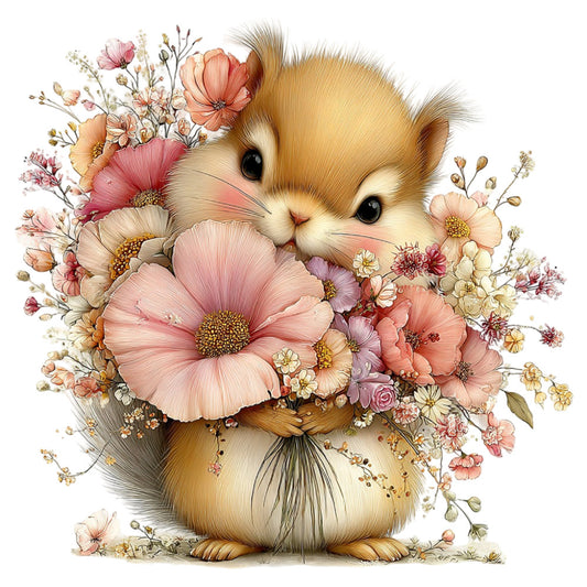 cute animal, guinea pig, hamster, fluffy creature, pastel pink, coral pink, dusty rose, soft peach, cream, golden brown, tan, floral, wildflowers, daisies, cosmos, botanical, nature, whimsical, sweet, gentle, baby, nursery, spring, summer, soft colors, delicate flowers, adorable, children's, girl, woodland