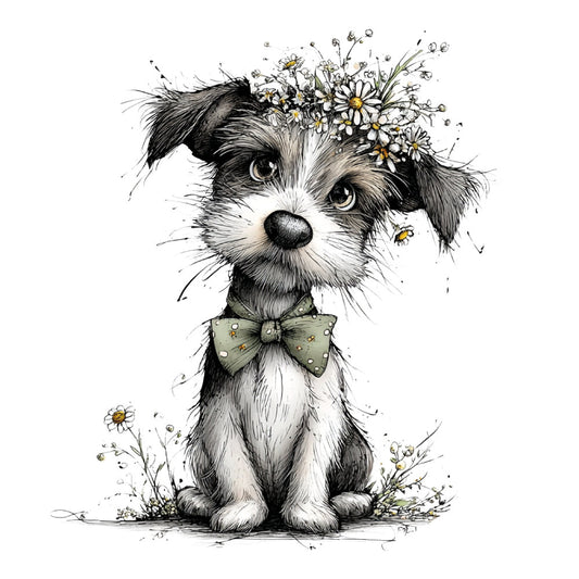 dog, puppy, black and white, cream, sage green, floral, daisies, flowers, whimsical, illustration, botanical, nature, animal lover, cute, bow tie, spring, summer, sweet, gentle, soft, sketch style, ink drawing, decorative, charming, woodland, garden, nursery, children's, baby, pet themed