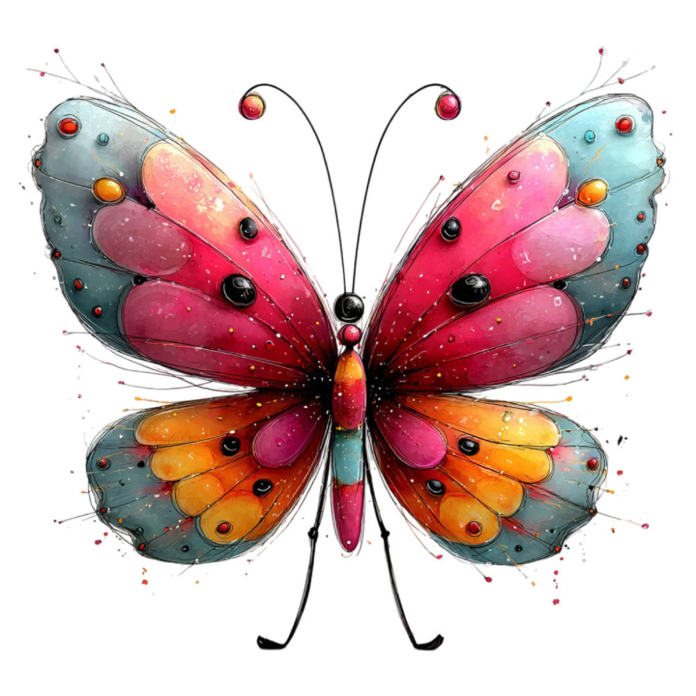 butterfly, colorful, whimsical, nature, spring, summer, turquoise, coral pink, dusty rose, magenta, orange, gold, teal blue, multi-color, gradient, artistic, modern, vibrant, insects, winged creatures, decorative, playful, botanical inspired, jewel tones, watercolor effect, illustration style, children's design, nursery, wall art, home decor
