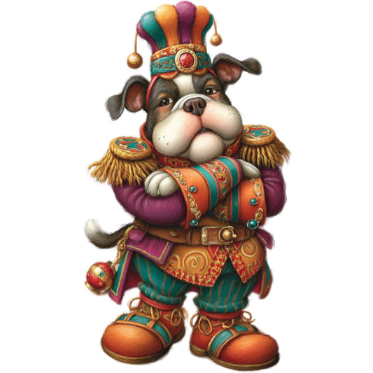 jester dog, bulldog, whimsical animals, carnival, circus theme, royal purple, forest green, burnt orange, gold accents, colorful, multi-color, jewel tones, ornate, decorative, medieval, regal, festive, playful, character panel, novelty, anthropomorphic, dressed animals, fantasy, storybook, children's, whimsical style, animal motifs, costume, harlequin, colorful character