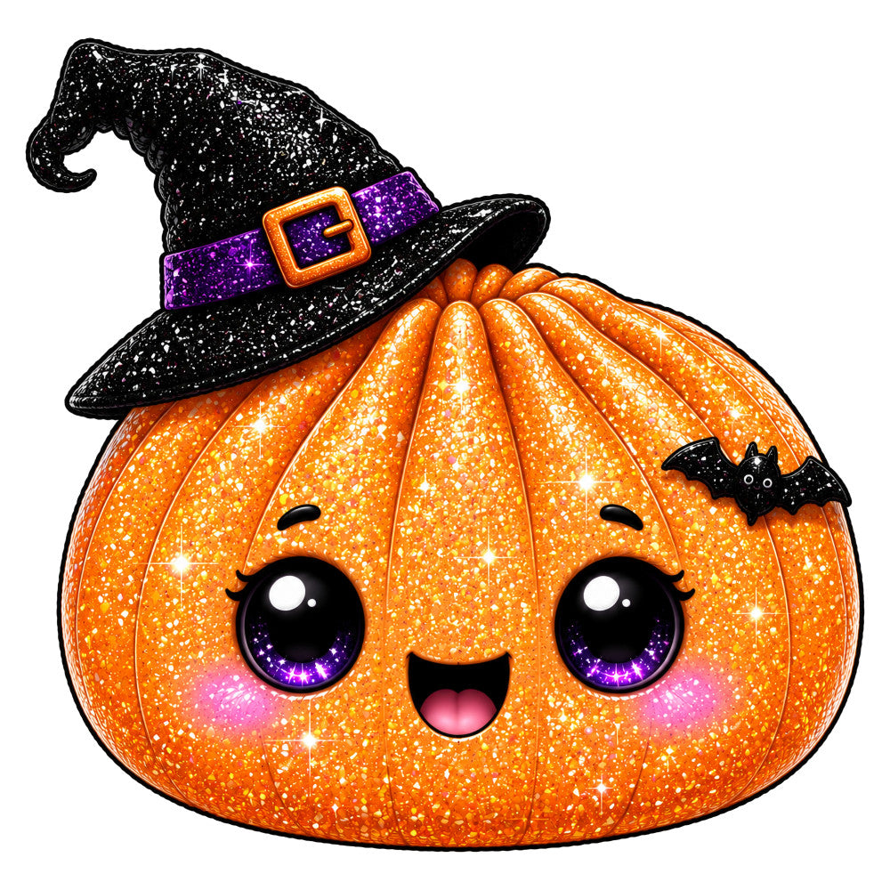 glitter orange, sparkle, purple, black, witch hat, bat, pumpkin, jack-o-lantern, cute face, whimsical, halloween, autumn, fall, holiday, festive, spooky, magical, enchanted, character face, novelty, children's, kid's, playful, cheerful, seasonal, decorative, large print, panel design, trick-or-treat, costume theme