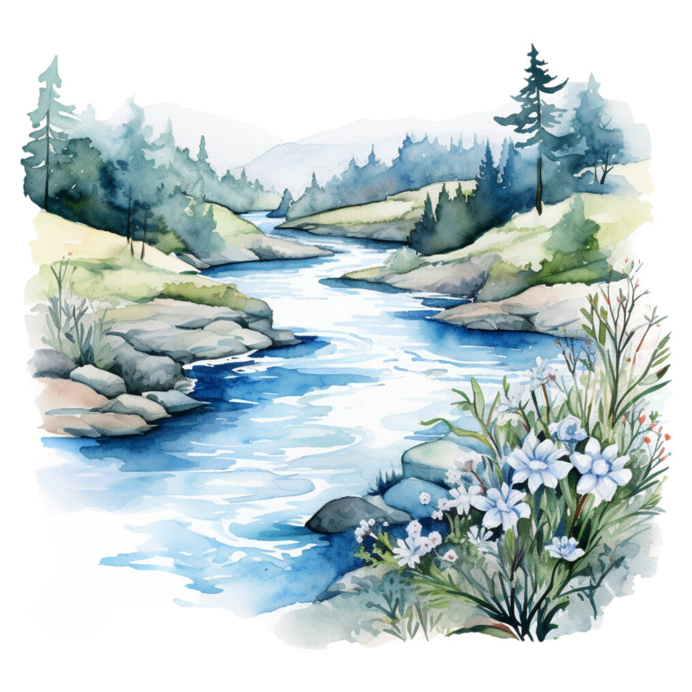 watercolor landscape, river scene, forest green, navy blue, sky blue, cream, sage green, nature, scenic, mountain landscape, flowing water, trees, wildflowers, white flowers, blue flowers, pastoral, tranquil, peaceful, rustic, naturalistic, woodland, countryside, spring, summer, landscape art, botanical, floral border, nature inspired, relaxing, serene