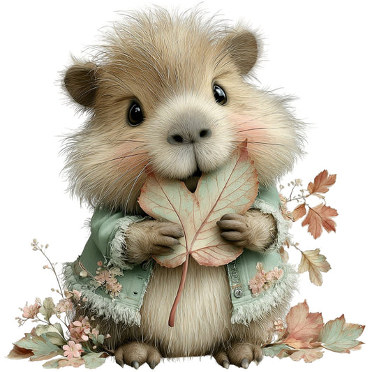 cute guinea pig, fluffy animals, woodland creatures, autumn leaves, fall colors, sage green, cream white, dusty rose, warm neutrals, whimsical style, children's fabric, baby animals, nature-inspired, botanical elements, dried flowers, rustic charm, cottagecore, seasonal design, autumn themed, animal lovers, sweet illustration, gentle colors, storybook style, wildlife, forest animals, pastoral theme, cozy aesthetic, vintage illustration style, adorable characters, fall foliage