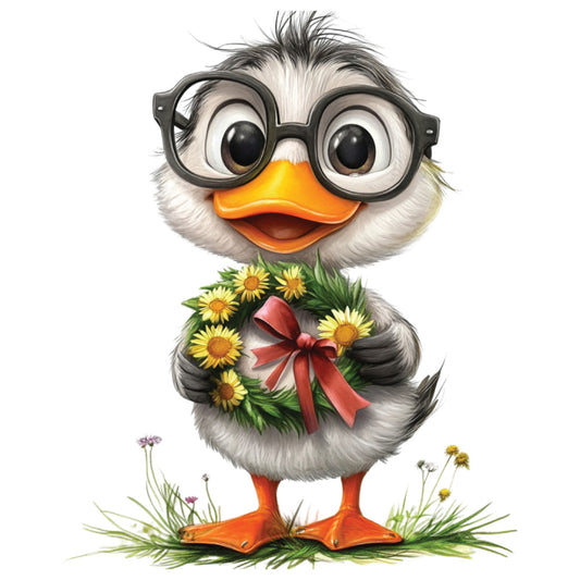 whimsical duck, orange beak, black glasses, fluffy feathers, yellow flowers, red ribbon bow, orange webbed feet, cute animal, cartoon style, playful design, white background, green grass, small wildflowers, fabric panel, quilting cotton, adorable duckling, cheerful mood, spring theme, floral wreath, children's fabric