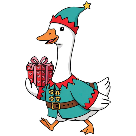 teal, red, orange, white, gold, brown, duck, goose, elf, christmas, holiday, festive, whimsical, playful, gift box, hearts, star, jingle bells, santa's helper, winter, cheerful, character panel, children's, decorative, animal, jolly, merry, storybook, novelty, seasonal