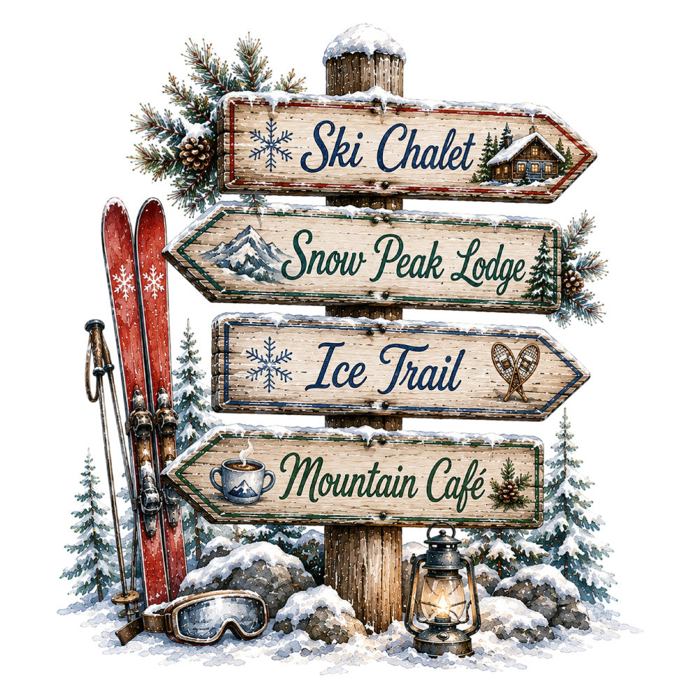 winter, ski resort, snow, mountain, rustic, alpine, lodge, cabin, ski chalet, directional sign, red skis, lantern, snow-covered trees, evergreen, pinecones, cozy, vintage, winter sports, holiday, decorative panel, wall hanging, home decor, navy blue, cream, forest green, wooden signs, snowflakes, scenic, landscape, cabin core