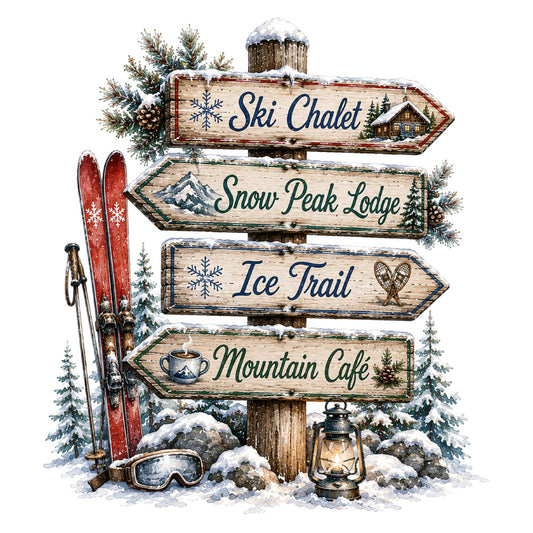 winter, ski resort, snow, mountain, rustic, alpine, lodge, cabin, ski chalet, directional sign, red skis, lantern, snow-covered trees, evergreen, pinecones, cozy, vintage, winter sports, holiday, decorative panel, wall hanging, home decor, navy blue, cream, forest green, wooden signs, snowflakes, scenic, landscape, cabin core