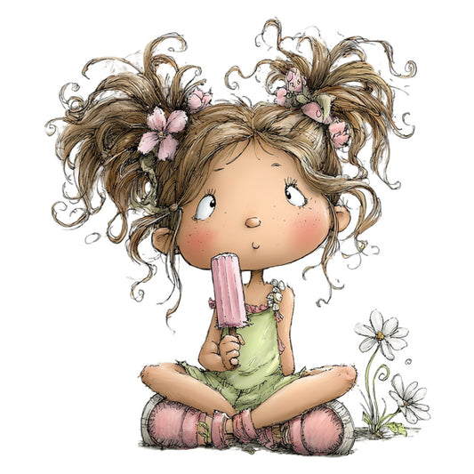 whimsical girl, curly hair, brown hair, pink popsicle, ice cream, spring, summer, children's illustration, cute character, daisy flowers, white flowers, green dress, pink accents, soft colors, pastel pink, sage green, cream background, playful, innocent, young girl, character fabric, storybook illustration, nursery, baby quilt, children's bedding, floral accents, sweet design, illustration style, charming, endearing