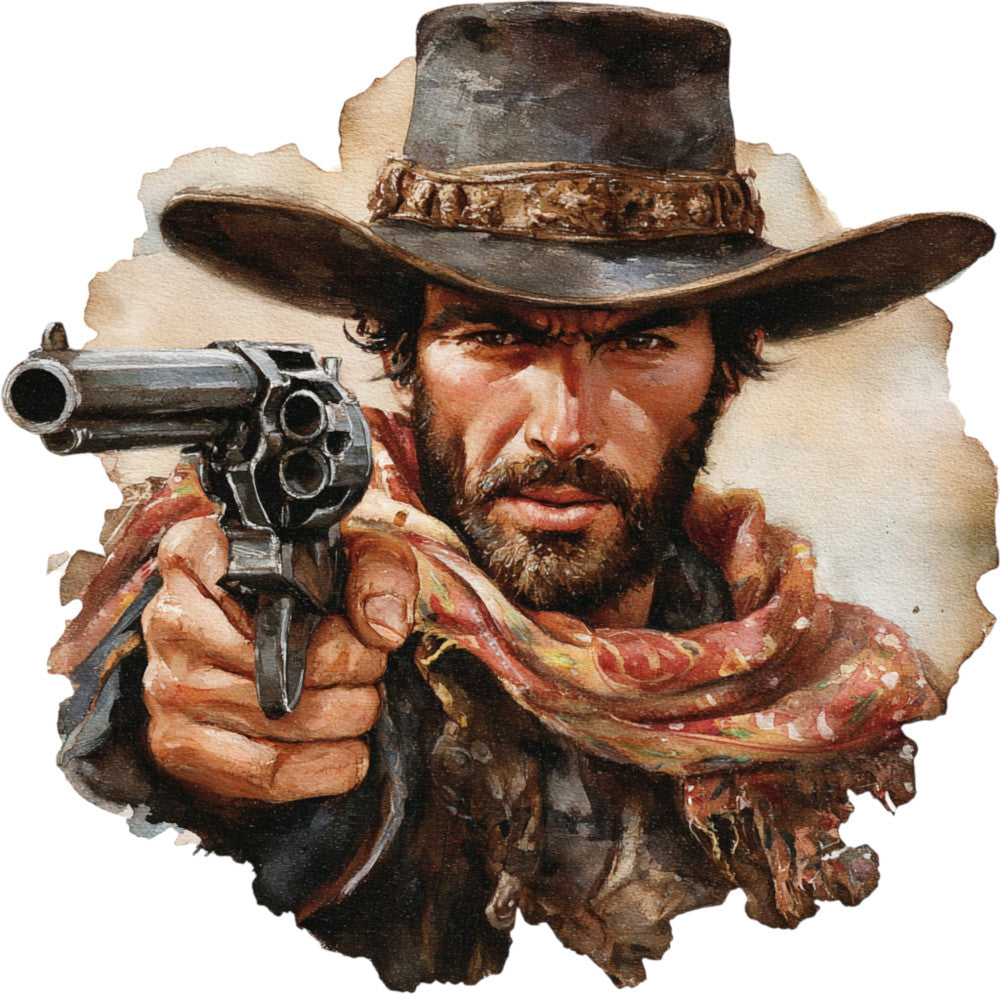 cowboy, western, gun, revolver, outlaw, gunslinger, portrait, male figure, brown, tan, cream, rust, burgundy, beige, vintage, retro, nostalgic, action, adventure, wild west, masculine, rugged, rustic, americana, traditional, character, dramatic, bold, home decor, wall hanging