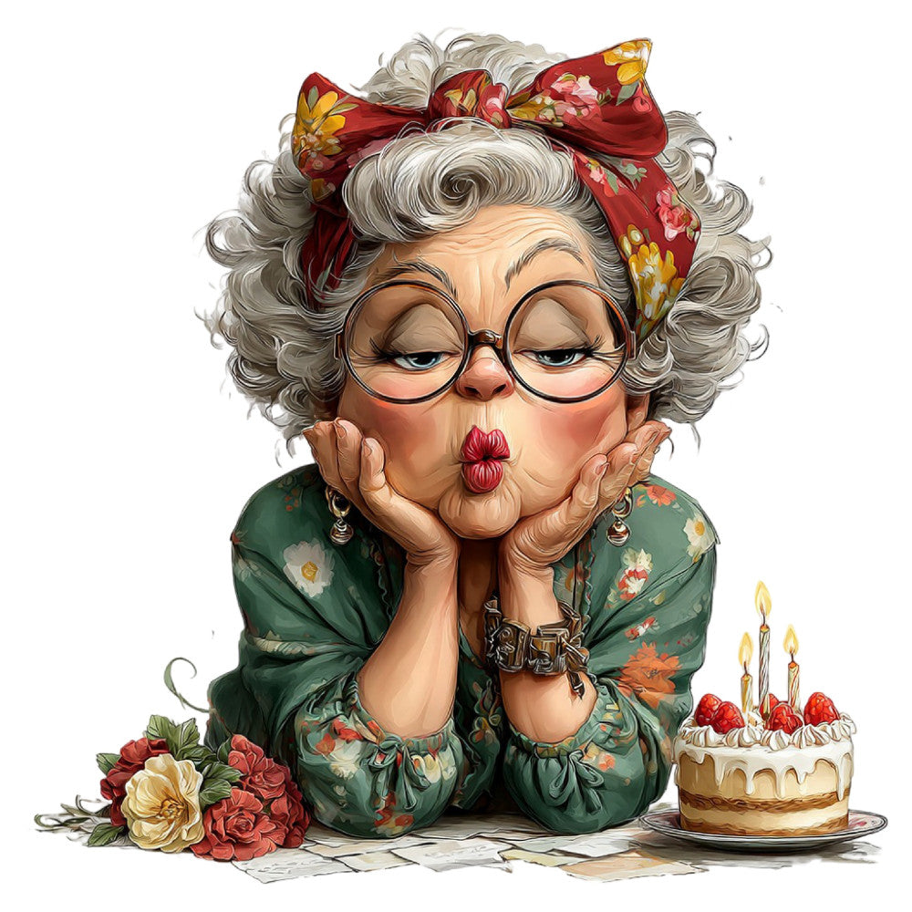 grandma character, whimsical, vintage style, floral print, forest green, cream, coral pink, red florals, yellow flowers, humorous, granny theme, novelty, character panel, botanical motifs, roses, cheerful, playful, retro fashion, traditional style, birthday cake, celebration, portrait illustration, colorful florals, cottage core, folk art, decorative, quilting panel, home decor, gift fabric, fun prints
