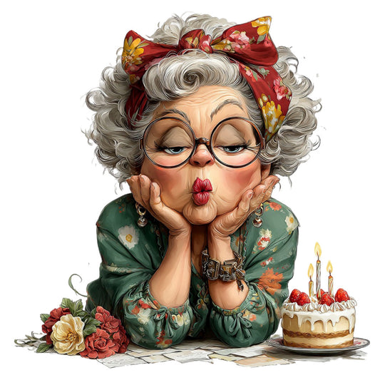 grandma character, whimsical, vintage style, floral print, forest green, cream, coral pink, red florals, yellow flowers, humorous, granny theme, novelty, character panel, botanical motifs, roses, cheerful, playful, retro fashion, traditional style, birthday cake, celebration, portrait illustration, colorful florals, cottage core, folk art, decorative, quilting panel, home decor, gift fabric, fun prints