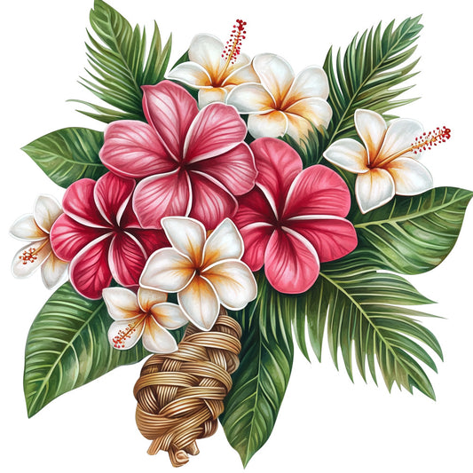 hawaiian flowers, tropical blooms, hibiscus flowers, plumeria blossoms, pink petals, white flowers, orange centers, palm fronds, green leaves, tropical foliage, fabric panel, quilting cotton, floral arrangement, paradise theme, island style, botanical print, summer vibes, tropical paradise, realistic illustration, vibrant colors